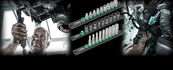 Magnetic socket rails (1/4", 3/8", 1/2") with manual and machine sockets. A smooth rotary mechanism ensures that the sockets are held securely and are easy to remove. Magnetic socket rails (1/4", 3/8", 1/2") with manual and machine sockets. A smooth rotary mechanism ensures that the sockets are held securely and are easy to remove.
